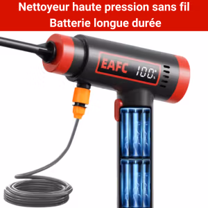 Nettoyeur Haute Pression 60 Bars – Batterie Intégrée 1200mAh – Design Monobloc & 3 Buses de Précision – Lavage Auto Nomade