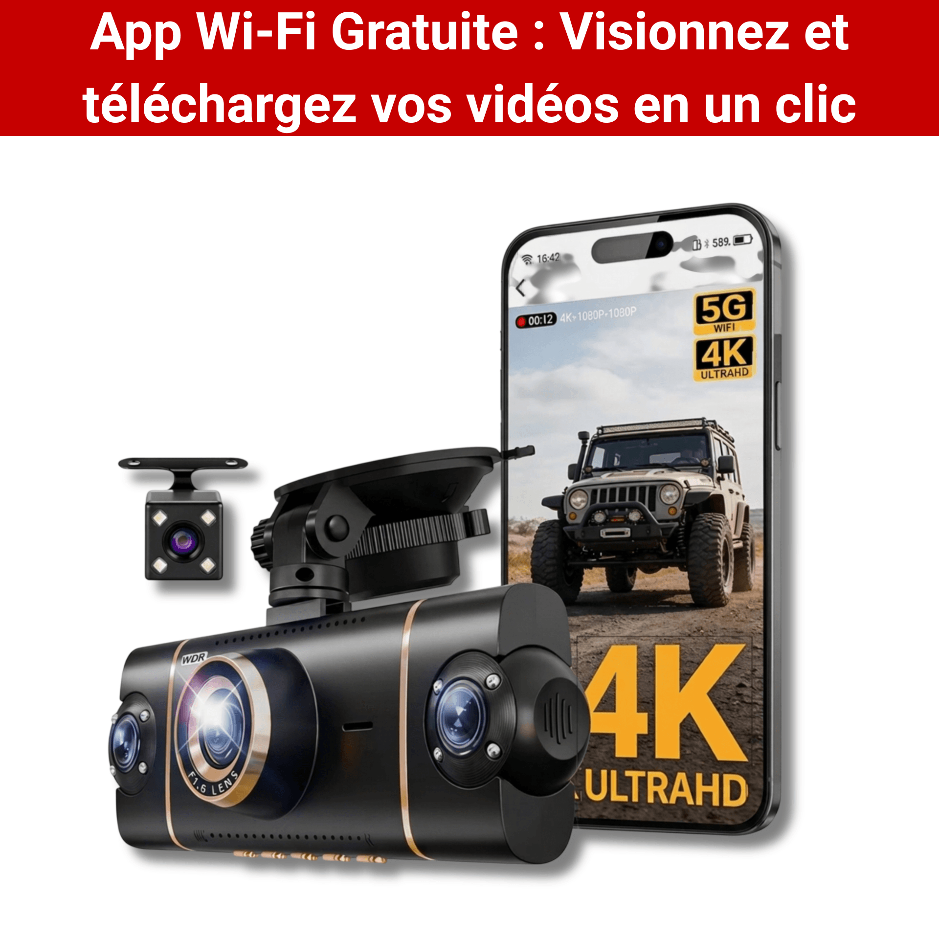 Dashcam 360° 4K Ultra HD avec 4 Caméras - Mode Parking (Time-Lapse, Détection des Chocs) - Application connectée – Image 4