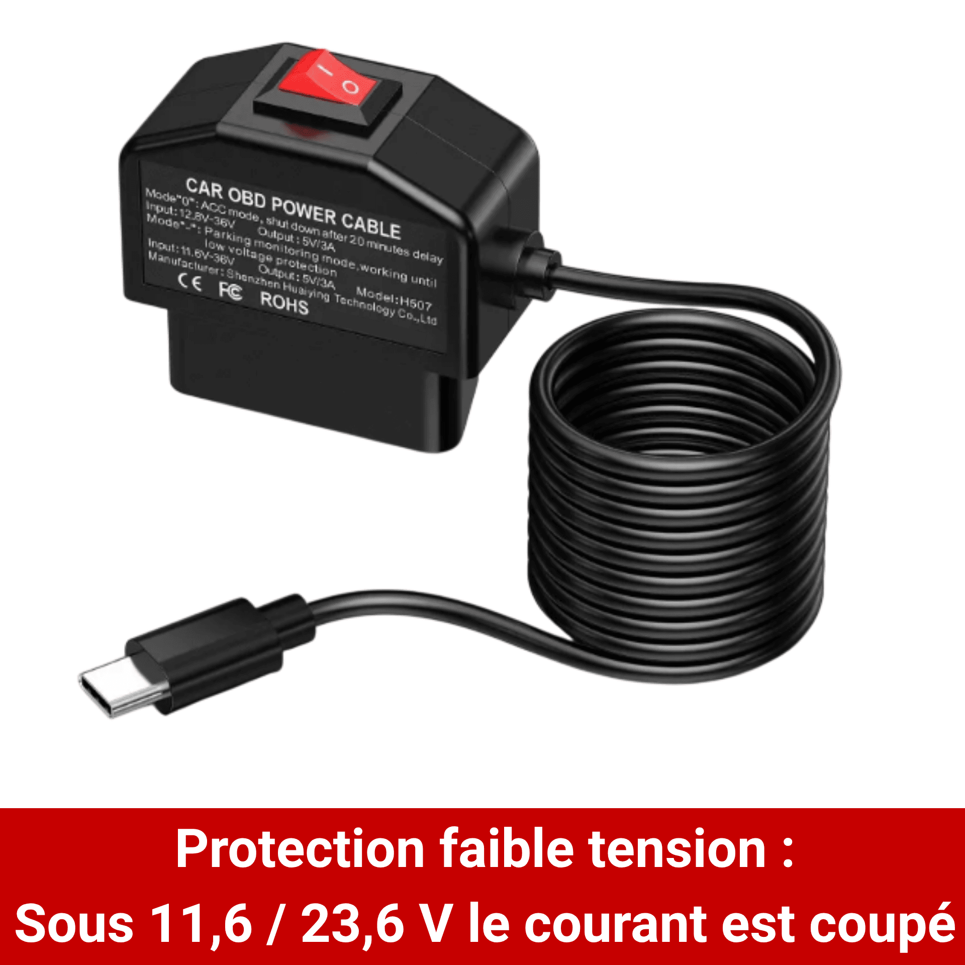 Câble Mode Stationnement Dashcam OBD2 / Permanent 12V et 24V - Protection Basse Tension