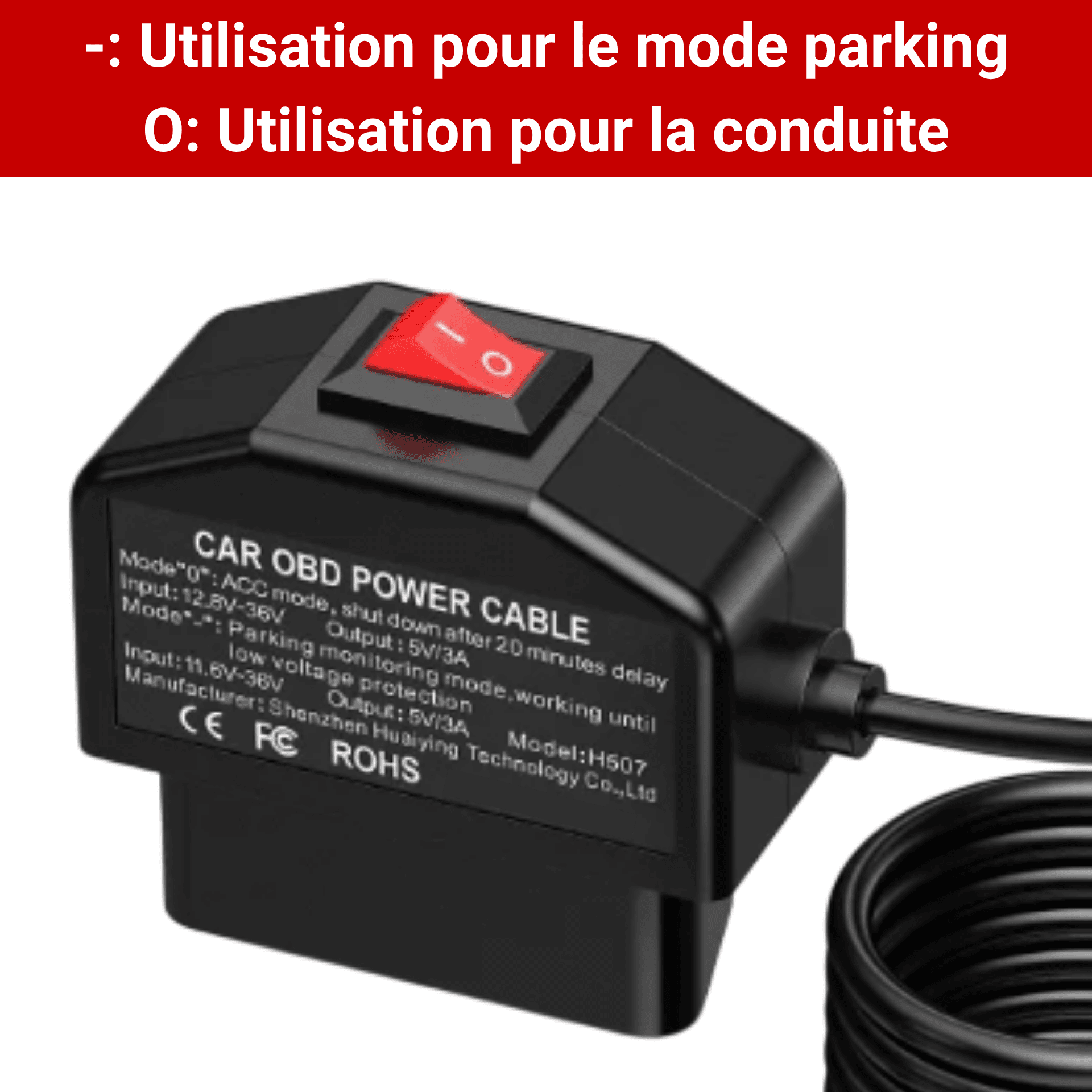 Câble Mode Stationnement Dashcam OBD2 / Permanent 12V et 24V - Protection Basse Tension