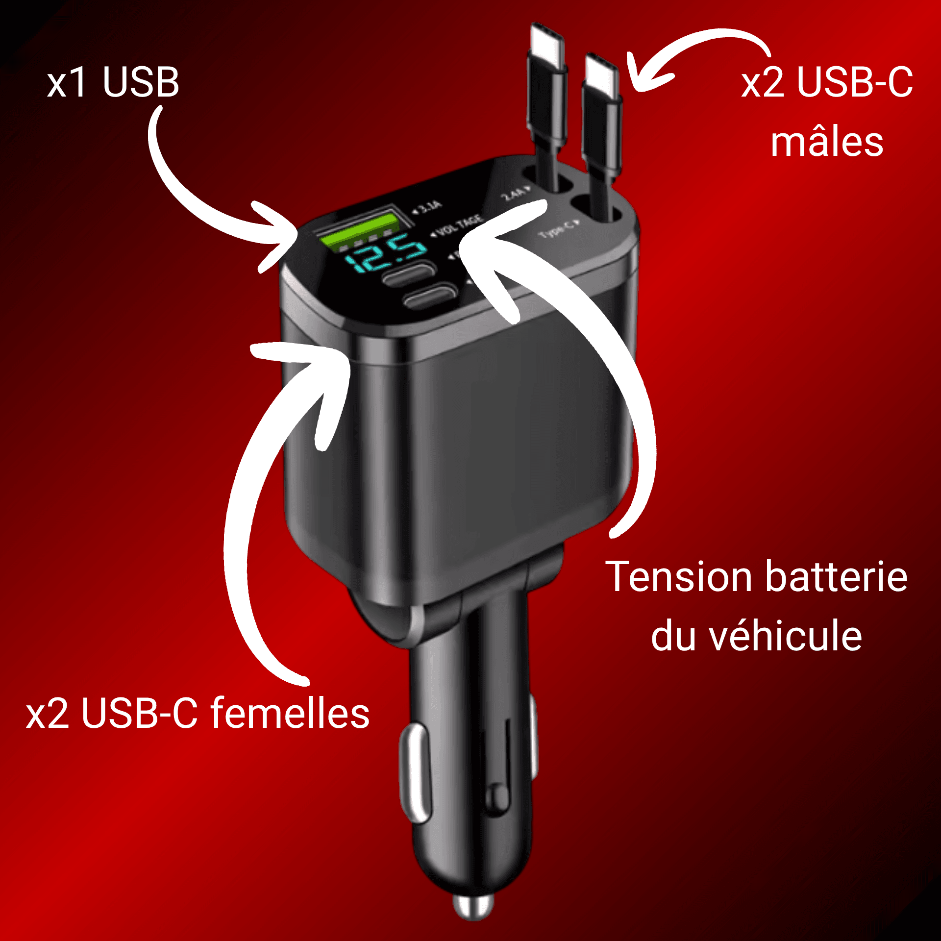 Chargeur prise allume-cigare 5 ports (2 USB-C mâles / 2 USB-C femelles + 1 USB)