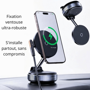 Support Téléphone Ventouse pour Voiture Magnétique MagSafe & Chargeur Induction 15W