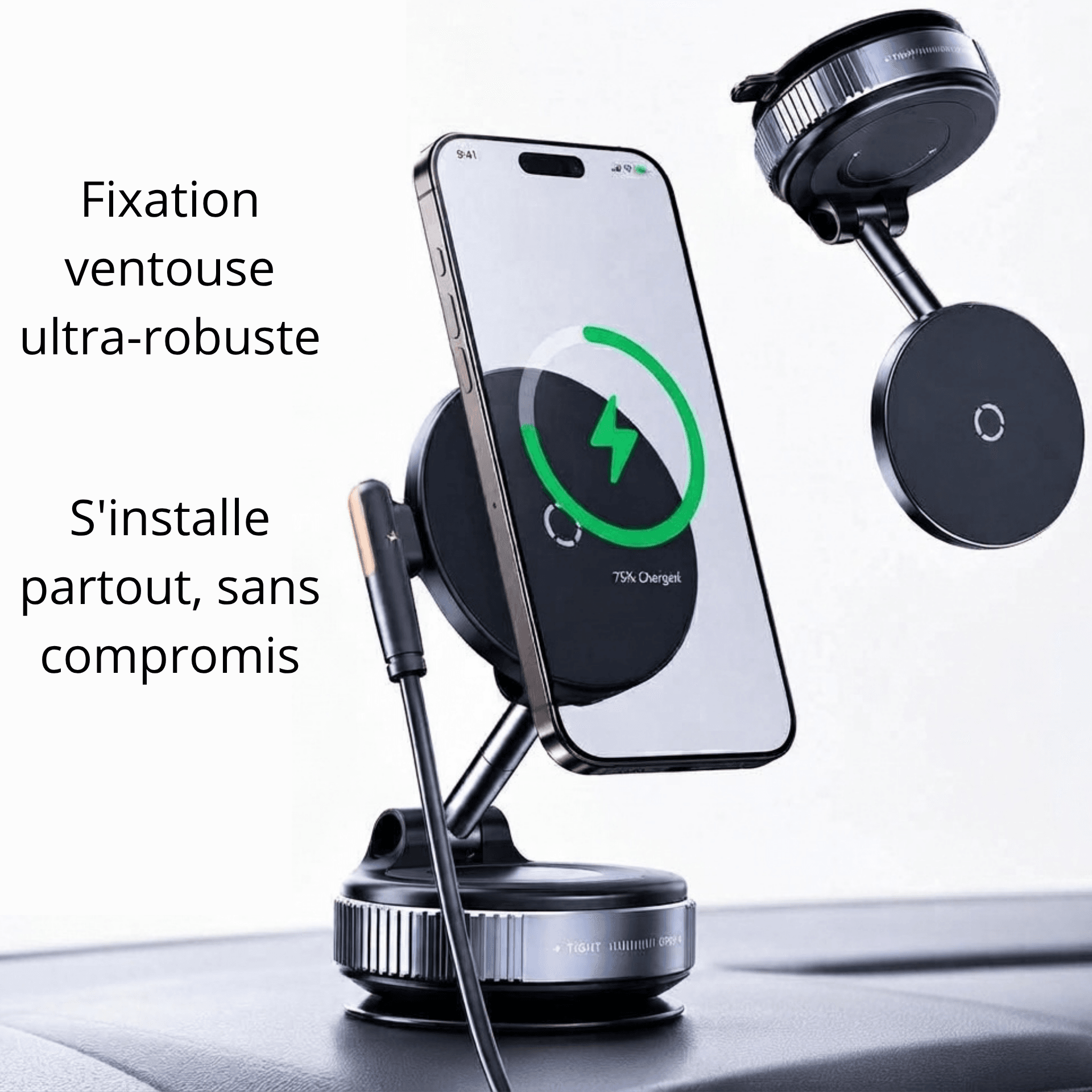 Support Téléphone Ventouse pour Voiture Magnétique MagSafe & Chargeur Induction 15W