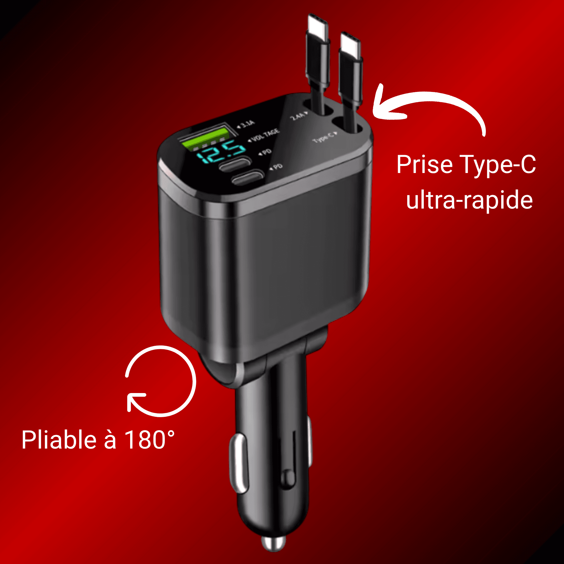 Chargeur prise allume-cigare 5 ports (2 USB-C mâles / 2 USB-C femelles + 1 USB)